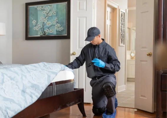 A pest control technician kneeling by a bed using a flashlight to inspect a mattress for bed bugs.
